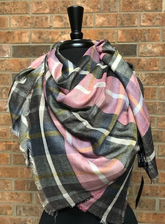 Pink, grey, and black plaid blanket scarf with fringe