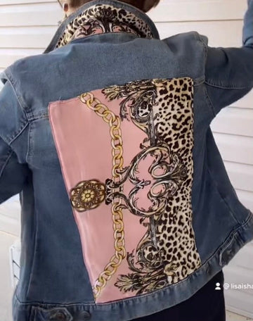 Hot Pink Floral Denim Jacket Silk Scarf Designer Scarf L