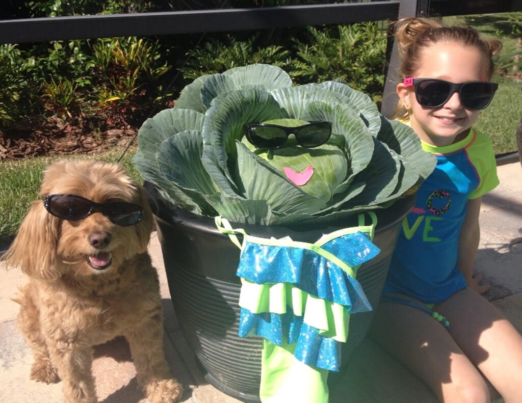 a young girl and her dog with the cabbage she grew for the Cabbage Program