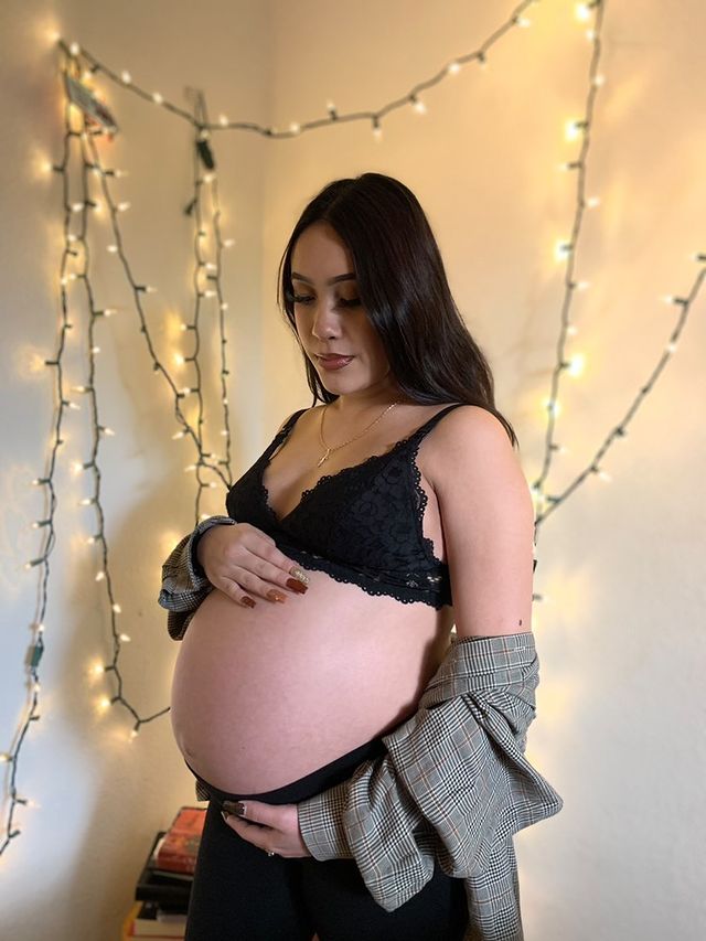 Joyfulmama in our Lace Plunge Maternity Bralette