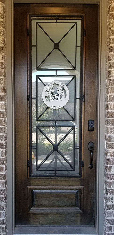 12 inch metal sign in white color hanging on front door for scale