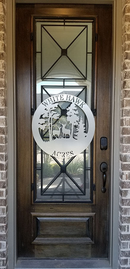 24 inch metal sign in silver color hanging on front door for scale