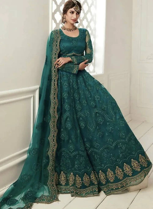 Bridal Lehengas : Teal green heavy embroidered wedding lehenga