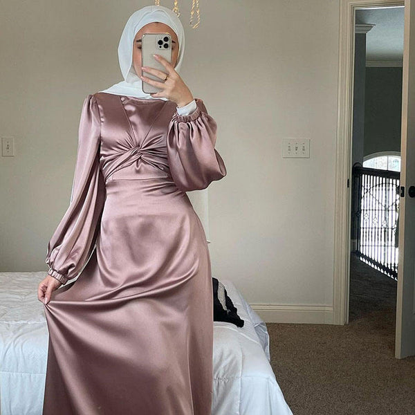 Long Sleeve Satin Slip Dress in Bisque – Hijabglamour