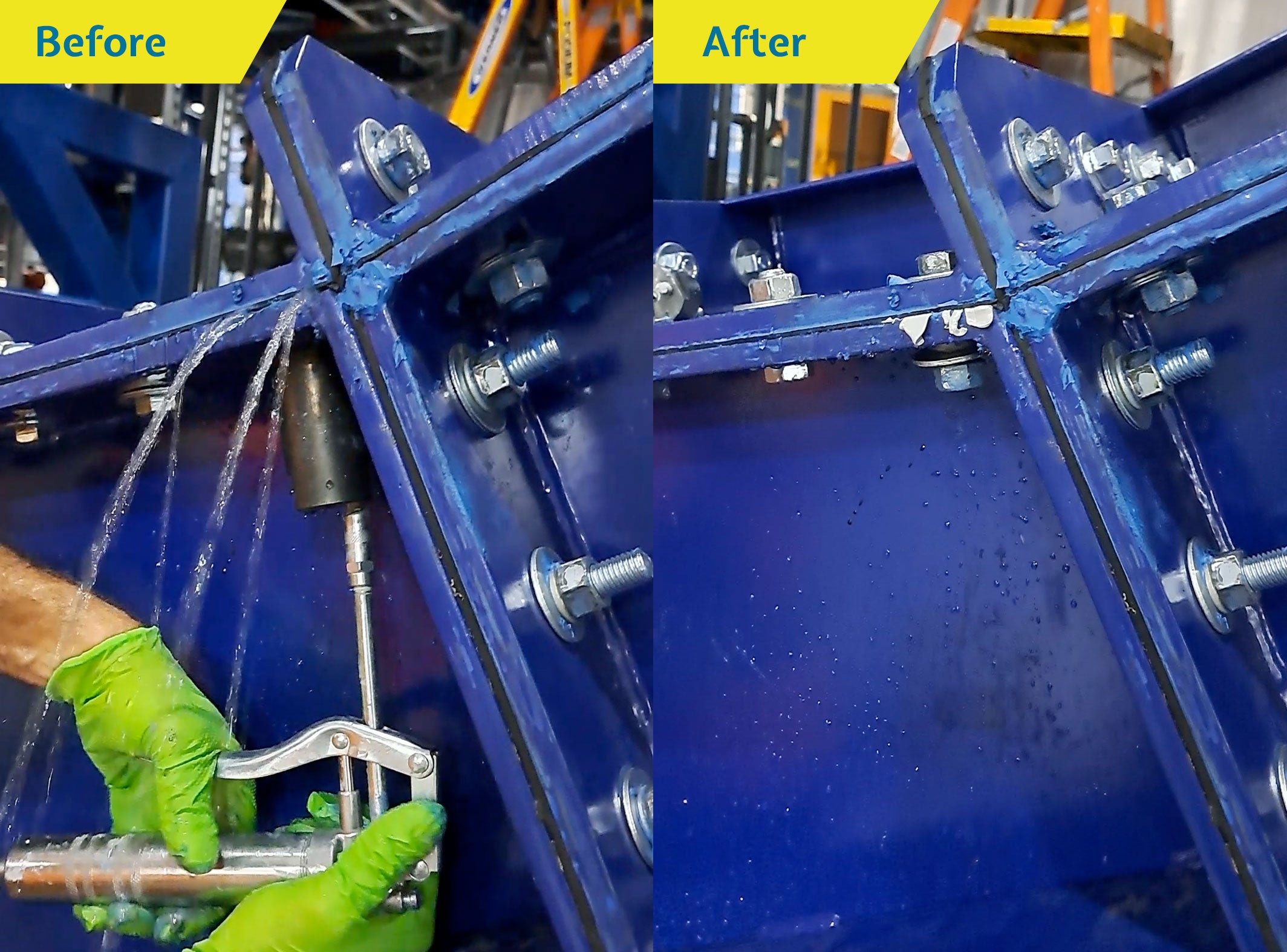 Photo showing before and after use of a Bolt Boss tool to fix a leak in a bolted water tank