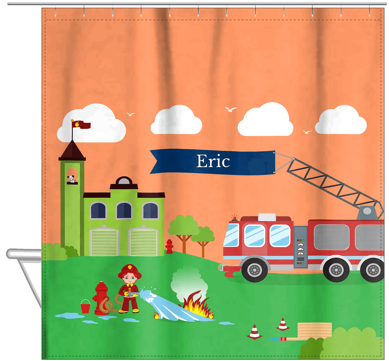Personalized Fire Truck Shower Curtain VIII - Orange Background - Redhead Boy - Hanging View