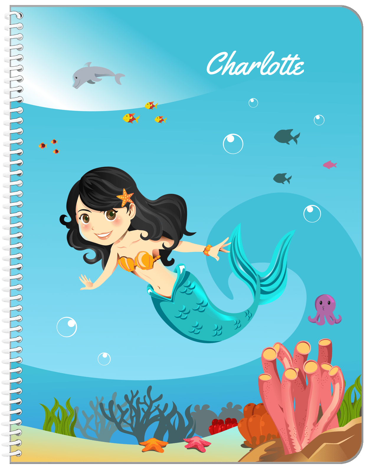 Personalized Mermaid Notebook IV - Blue Background - Asian Mermaid - Front View