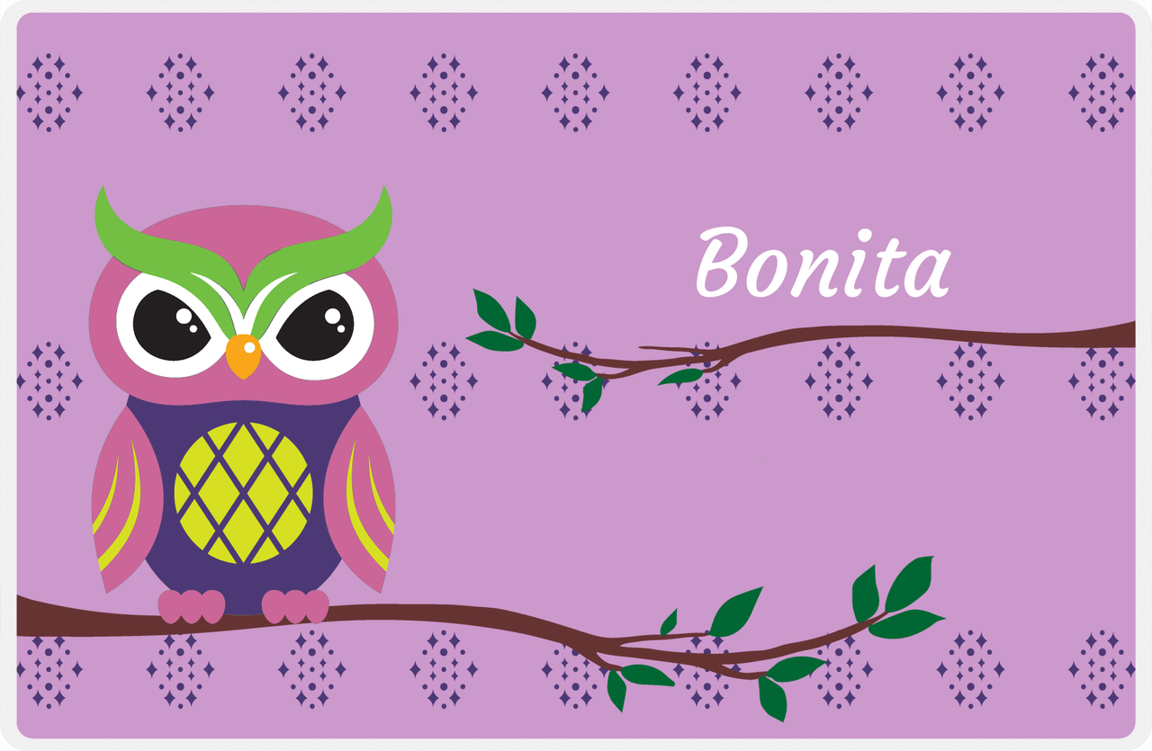 Personalized Owl Placemat - On Branch - Owl 03 - Lilac Background with Indigo & Orchid Owl -  View