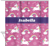 Thumbnail for Personalized Rainbows Shower Curtain III - Unicorns - Ribbon Nameplate - Hanging View