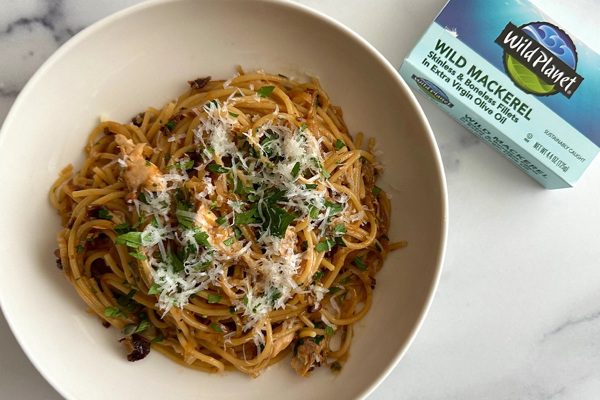 Caramelized Onion Mackerel Pasta recipe with Wild Planet canned mackerel