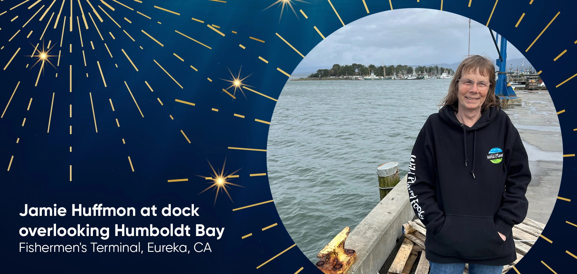 Jamie Huffmon at dock overlooking Humboldt Bay, Fishermen's Terminal, Eureka CA