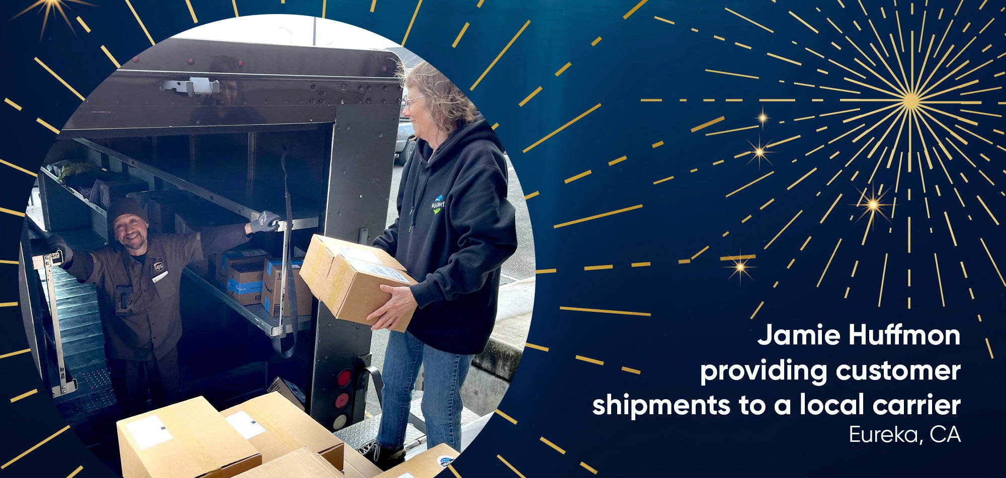Jamie Huffmon providing customer shipments to a local carrier, Eureka, CA