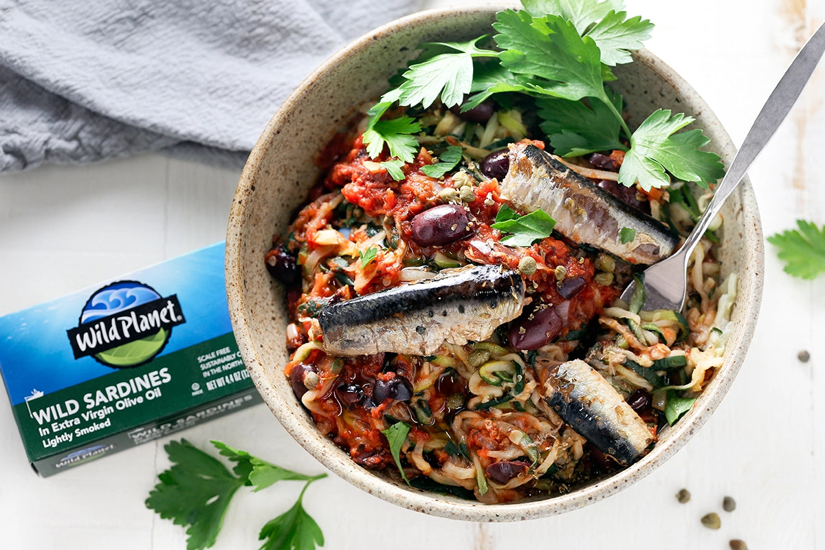 Sardine Puttanesca With Zoodles recipe with Wild Planet canned sardines