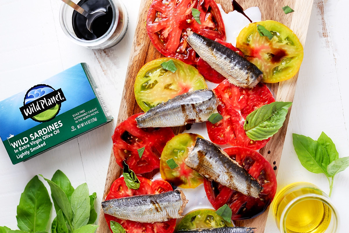 Sardine & Tomato Salad With Roasted Garlic Dressing recipe with Wild Planet canned sardines