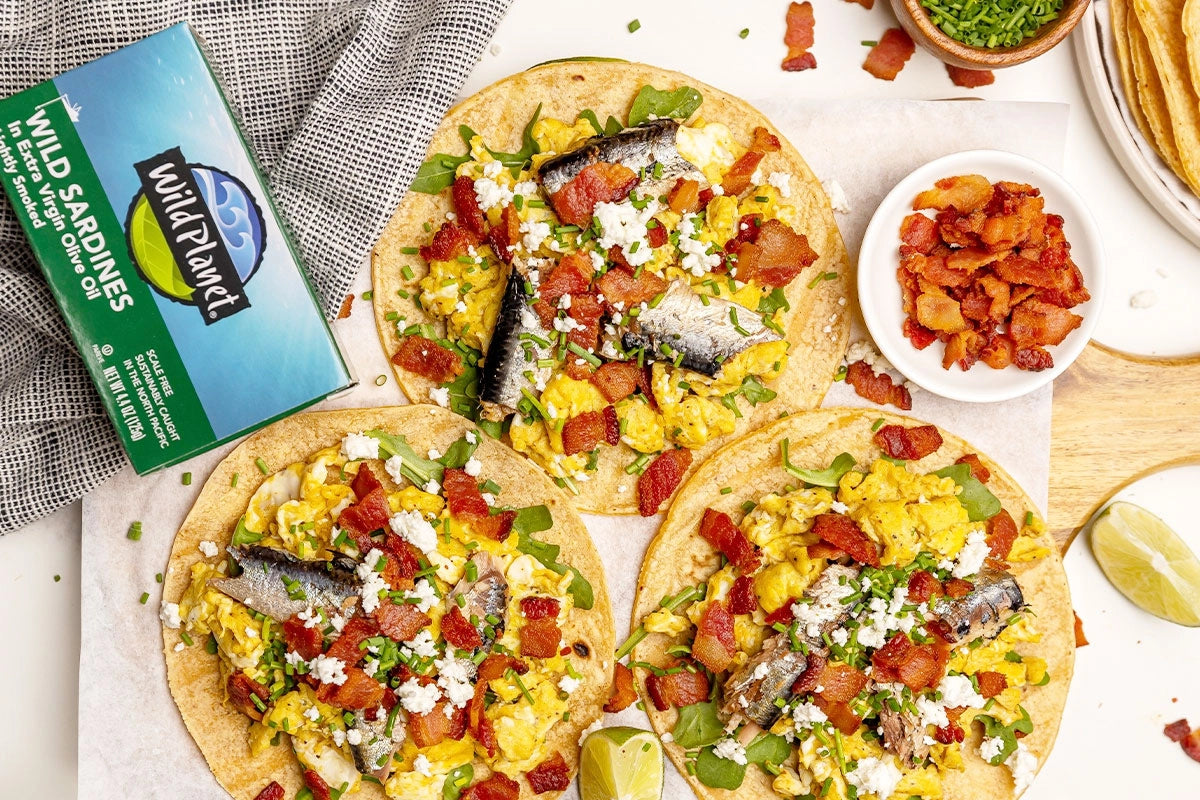 Scrambled Eggs, Sardine & Bacon Tacos recipe with Wild Planet canned sardines