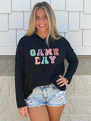 Game Day Colorful Patch Light Weight Pullover Hoodie - Sportin It Boutique