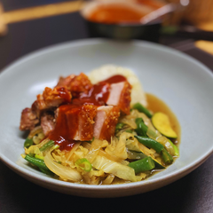 image of crispy pork belly with korean sauce and coconut rice