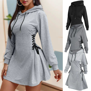 Women Tie Waist Mini Dress Hoodies V Neck Long Sleeves Slim Fit Hoodies Sweatshirts Ladies Fashion Long Solid Drawstring Hoodies - Slizen 