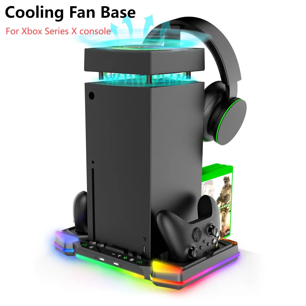 RGB Charging Dock For Xbox Series X Vertical Cooling Fan Stand with Headphone Stand Charging Station W/ Game Discs Card Slot