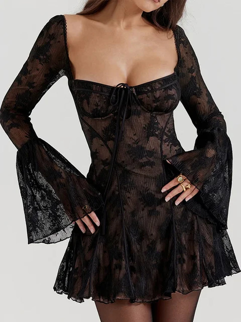 Elegant Lace Pleated Mini Dress for Club Party and Events