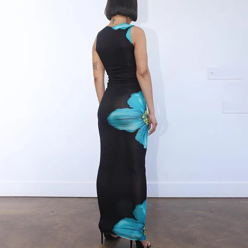 Summer Floral Print Bodycon Maxi Dress Sleeveless Streetwear Beach Holiday - Image 4