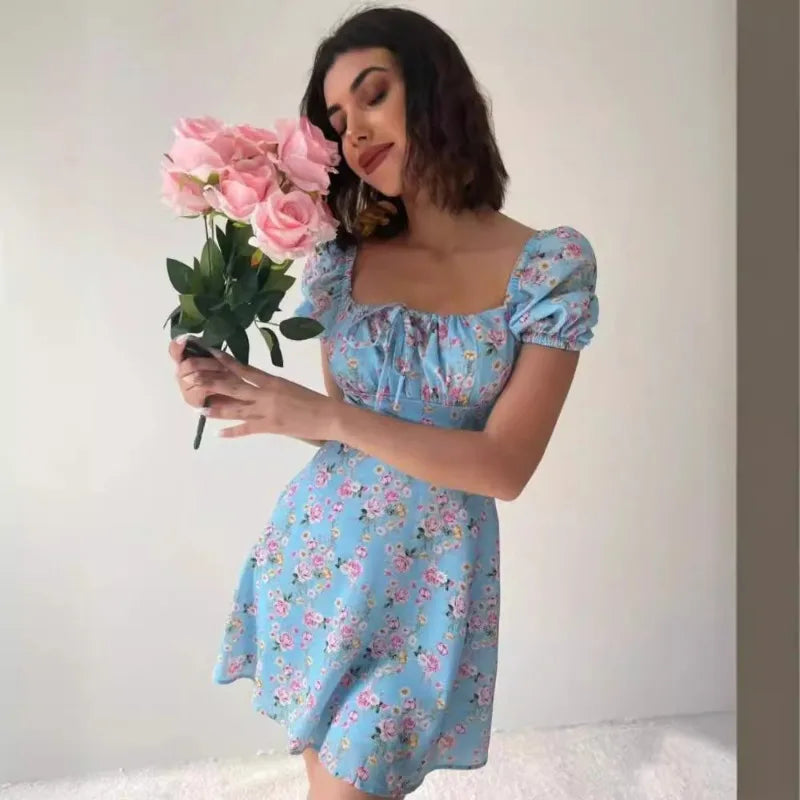 French Style Floral Print Bubble Sleeve Slim Dress for Women - Image 6