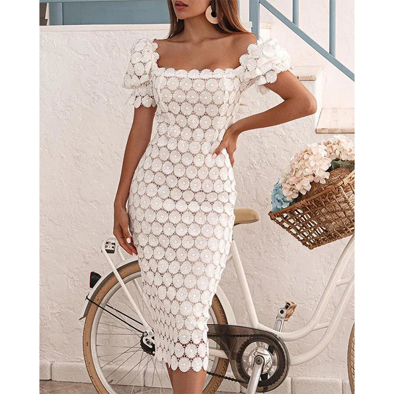White Lace Evening Dress for Women - Elegant Midi Bodycon - Image 3