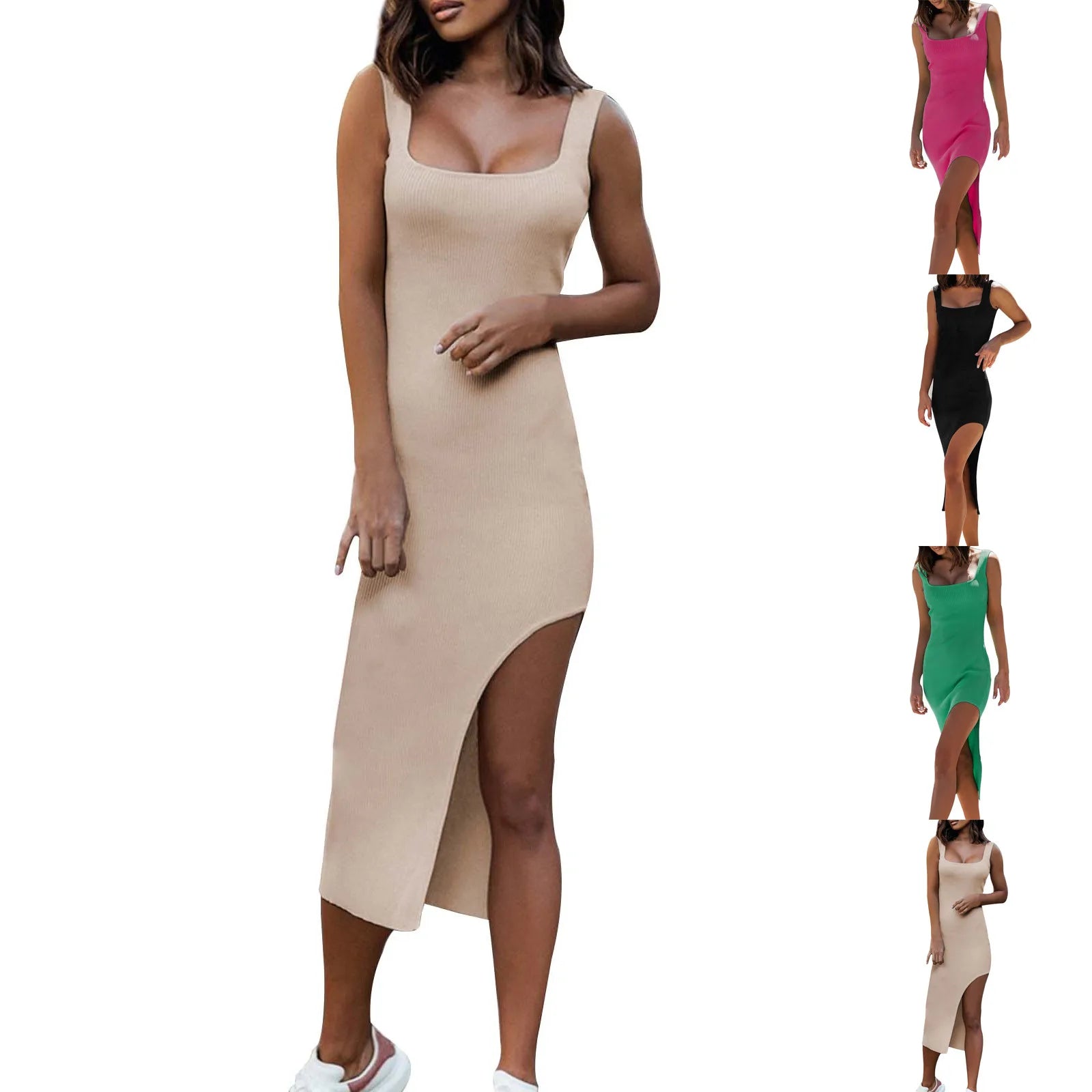 Elegant ribbed knit slim dresses with square neck and side split - Image 4