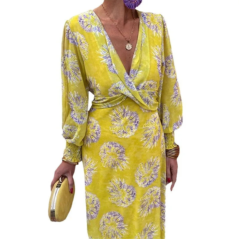 Elegant Printed V-Neck High Waist Tight Dress - Spring/Summer Fashion - Image 7