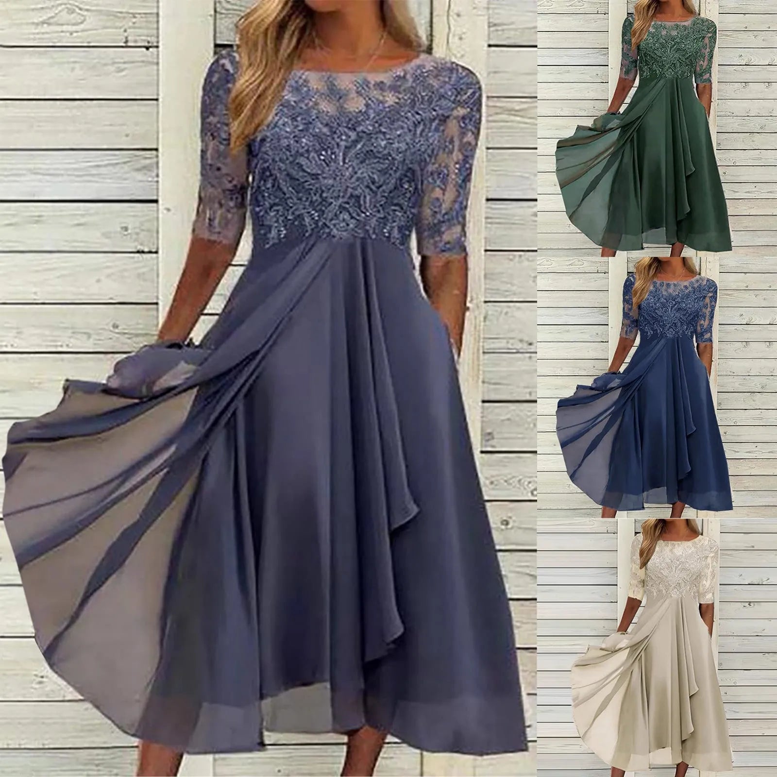 Embroidered Lace Chiffon Dress with Square Neck and Half Sleeves - Image 5