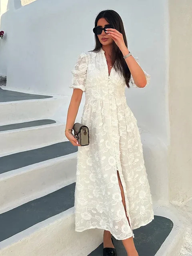 White Jacquard V-Neck Dress with Puff Sleeves and Buttons - Image 5