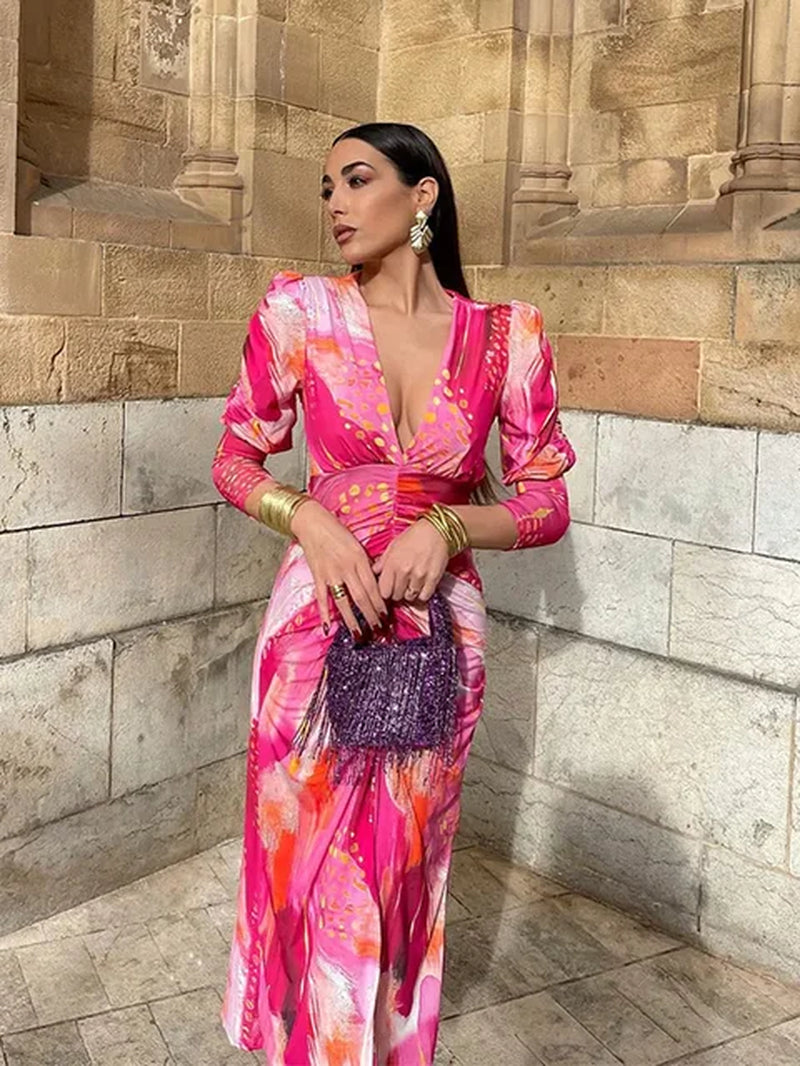 Stylish V Neck Maxi Dress with Pleats for Women