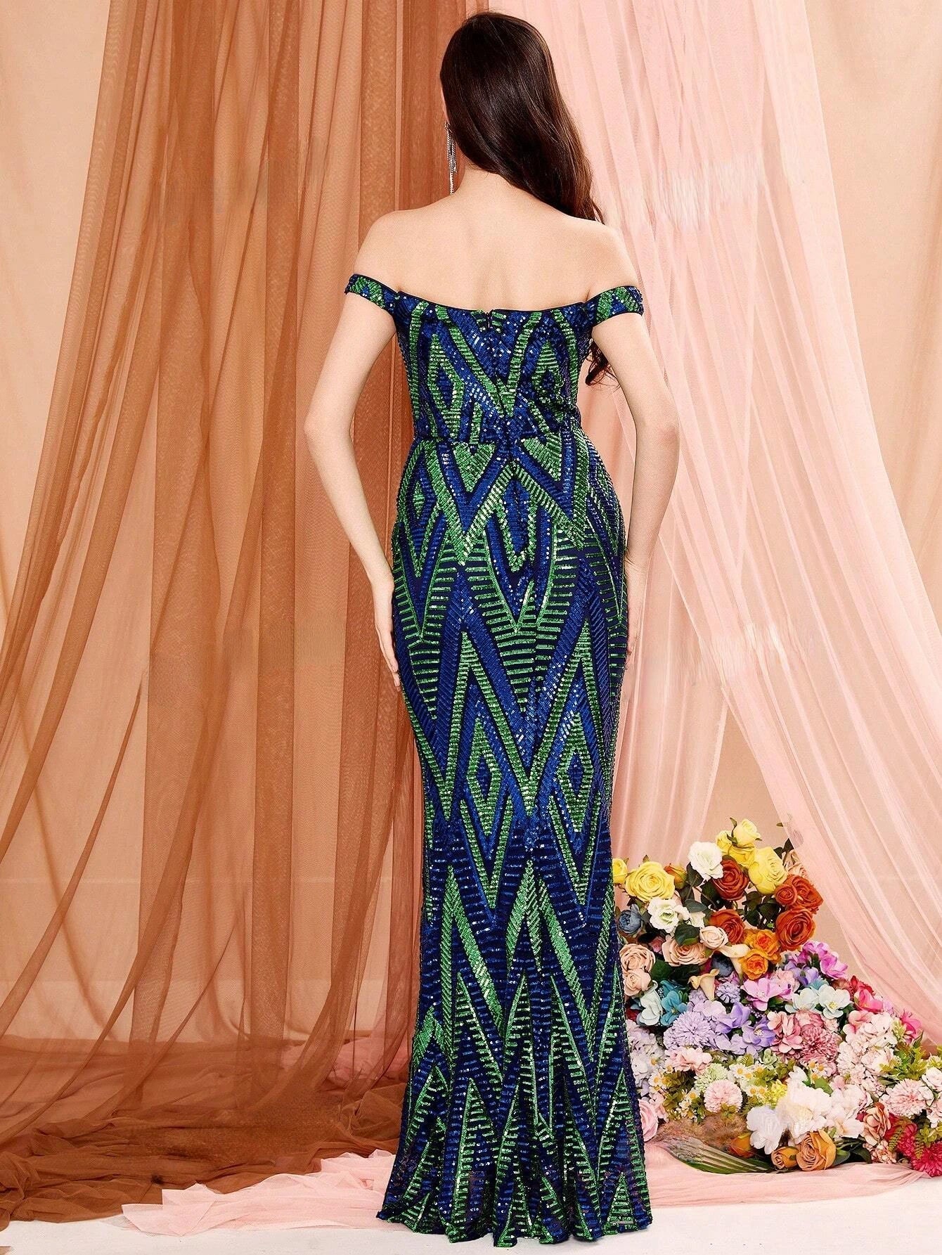 Off-Shoulder Sequin Color Block Split Bodycon Party Evening Maxi Dress - Image 3