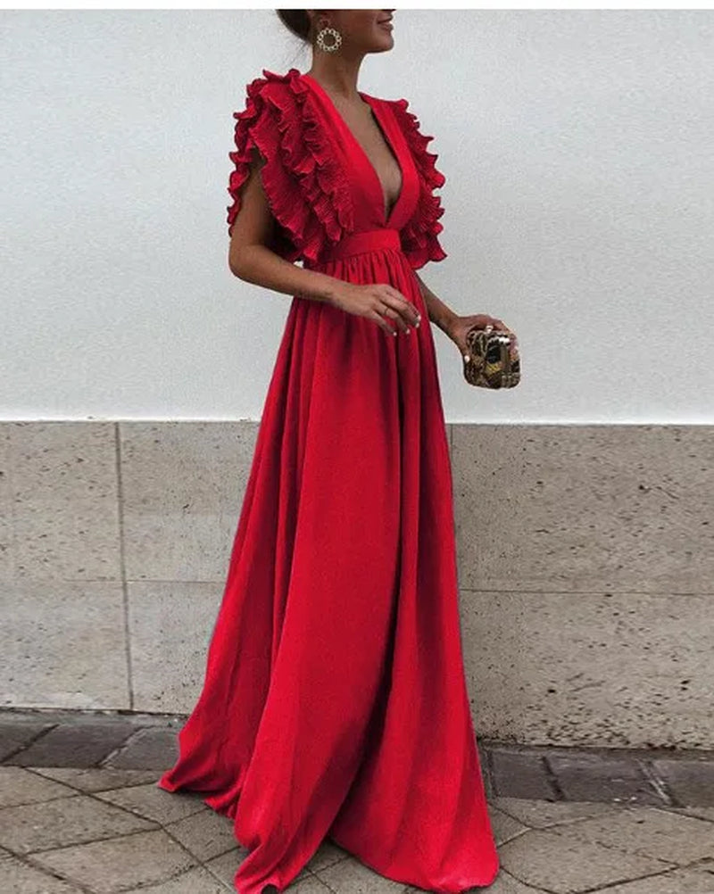 Spring/Summer Women's V-Neck Backless Solid Color Long Dress