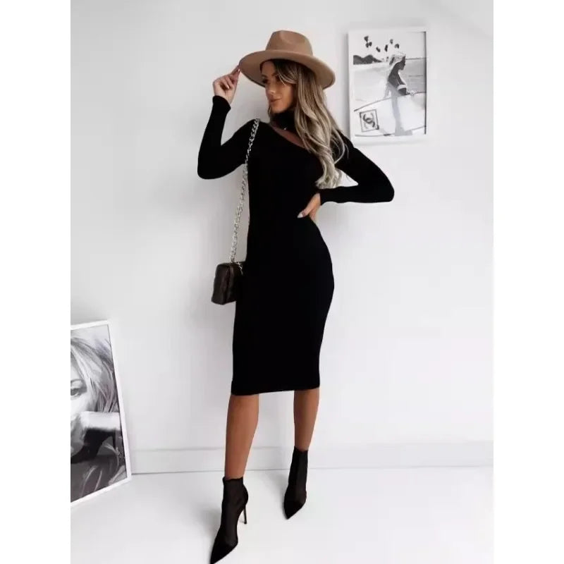 Stylish Off-the-Shoulder Long Sleeve Knit Dress showcases Feminine Elegance - Image 3