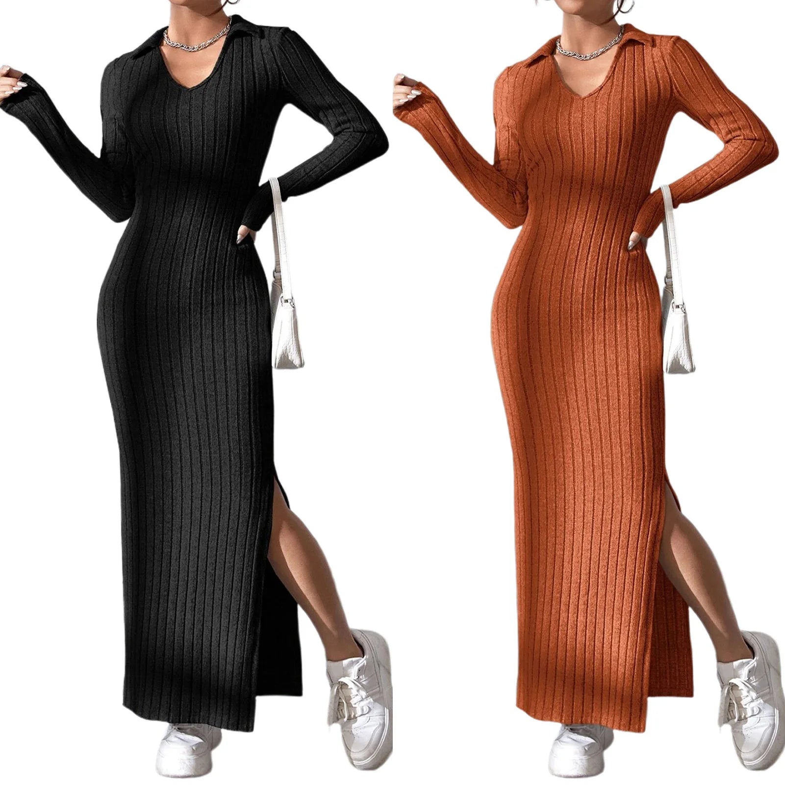 Chic Sheath Dress: Soft Knit, Lapel, Skinny Fit, Casual - Image 6