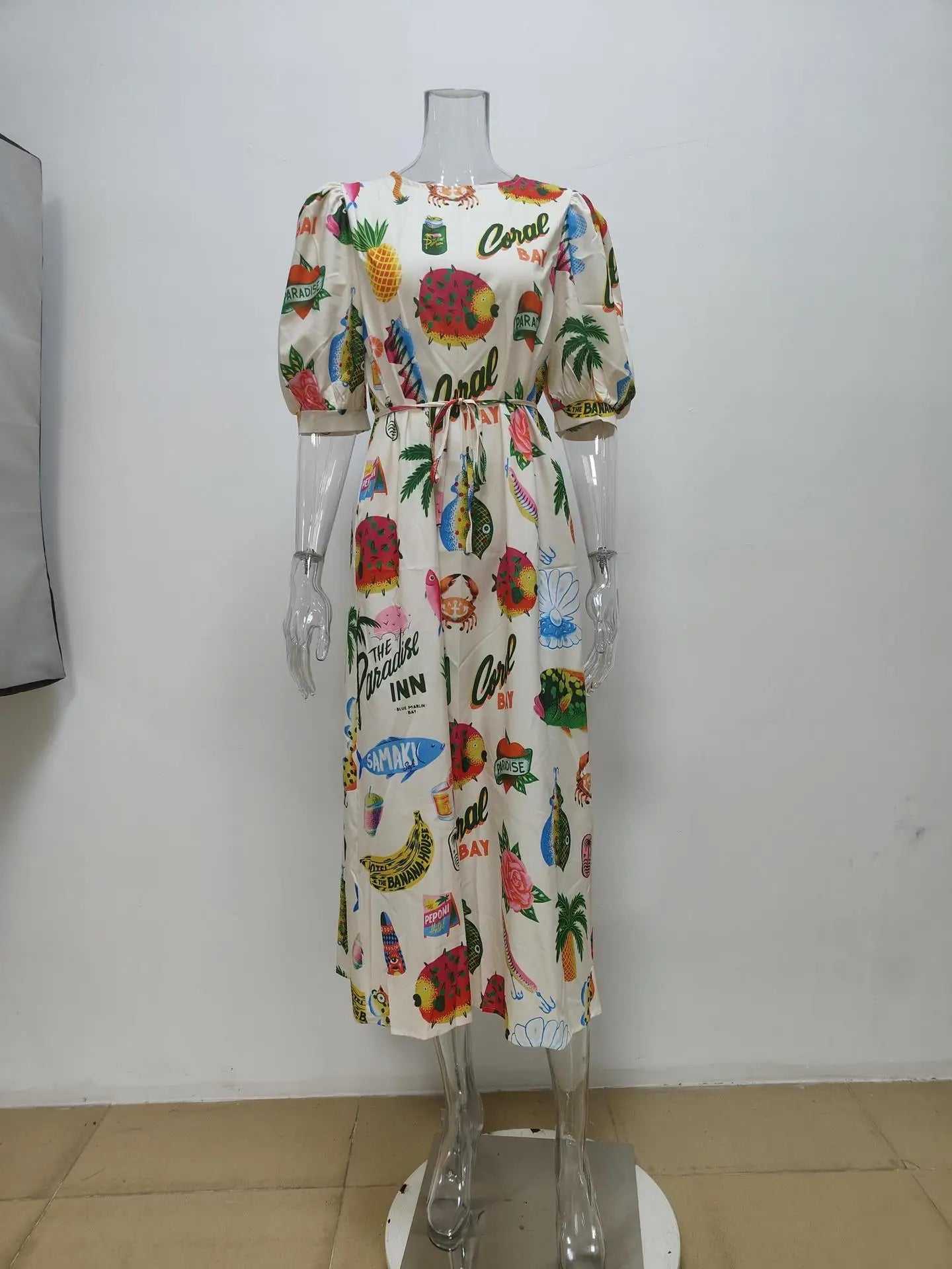 Stylish Printed Bubble Sleeve Midi Dress with Belt and Pockets - Image 7