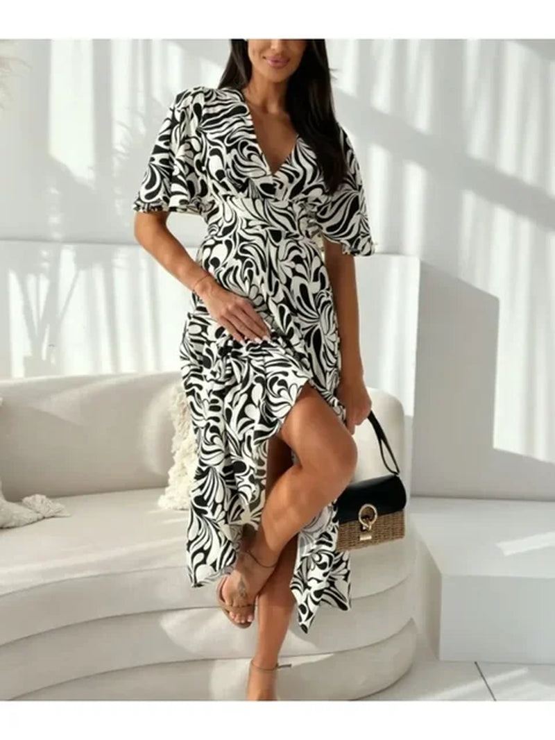 Women's Elegant Printed Short Sleeve Dress with Comfortable V-Neck Closure - Image 2