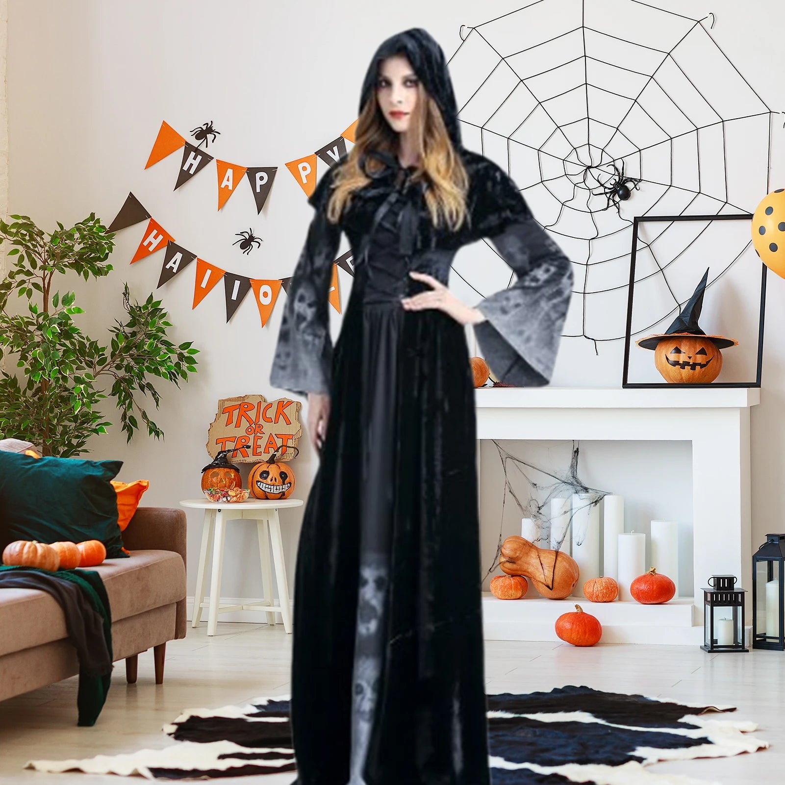 Women Halloween Witch Costume with Headwear Veil Gothic Dress - Image 6