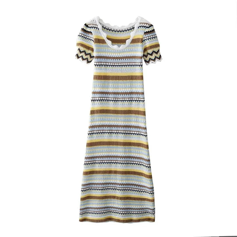 Striped Backless U-Neck Print Dress Slim A-Line Midi Dress - Image 2