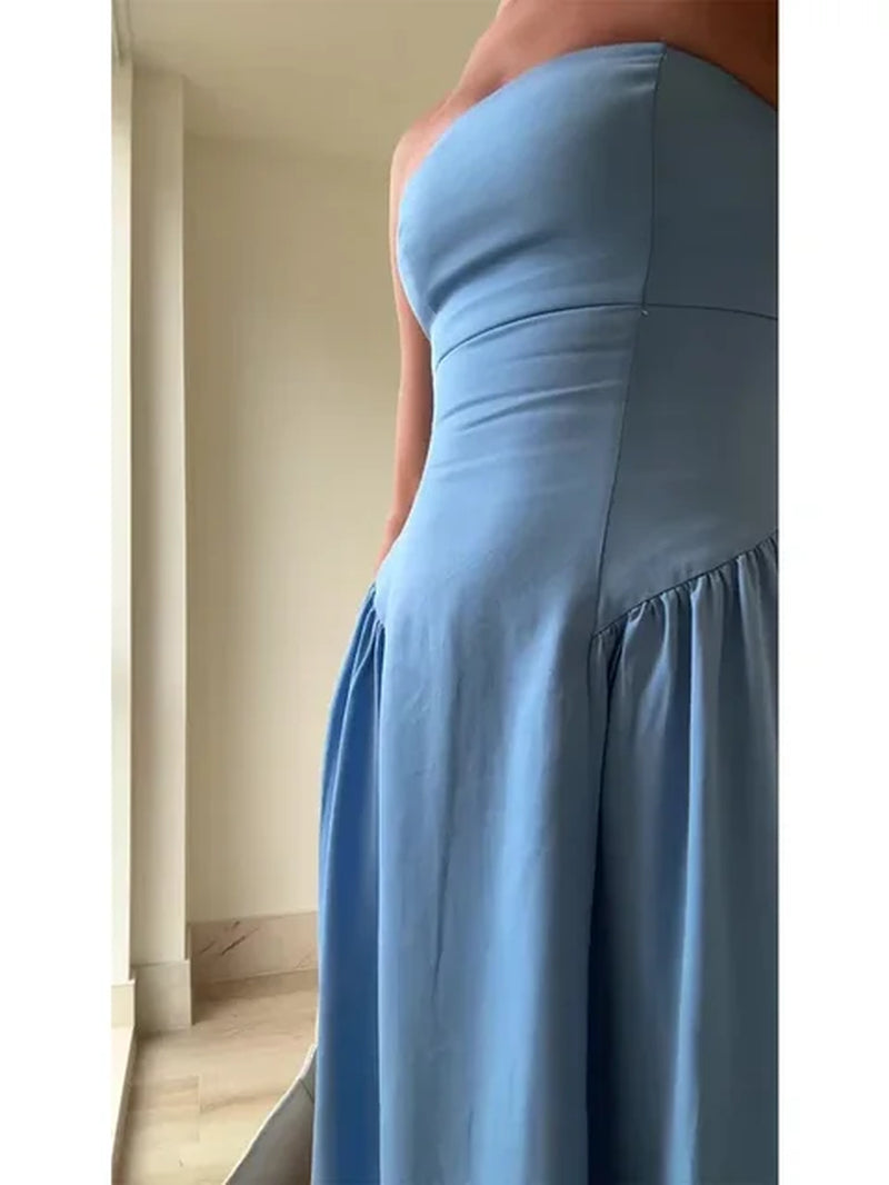 Blue Pleated Hem Strapless Maxi Dress for Formal Events
