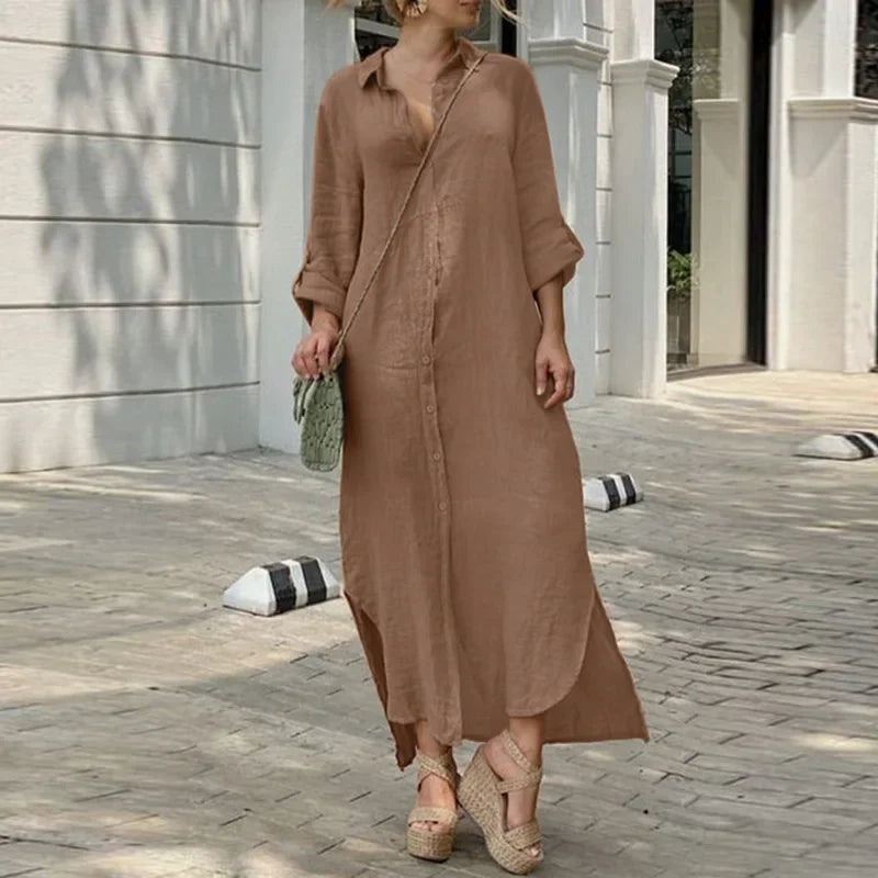 Solid Color Loose Fitting Button Casual Linen Long Sleeve Dress - Image 6