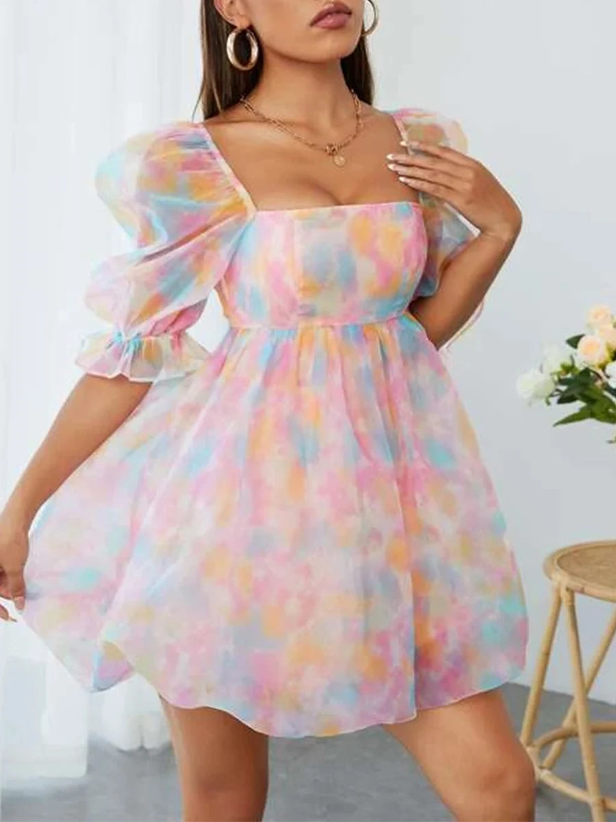 Women's Square Neck Puff Sleeve Bubble Dress A-Line Streetwear - Image 3