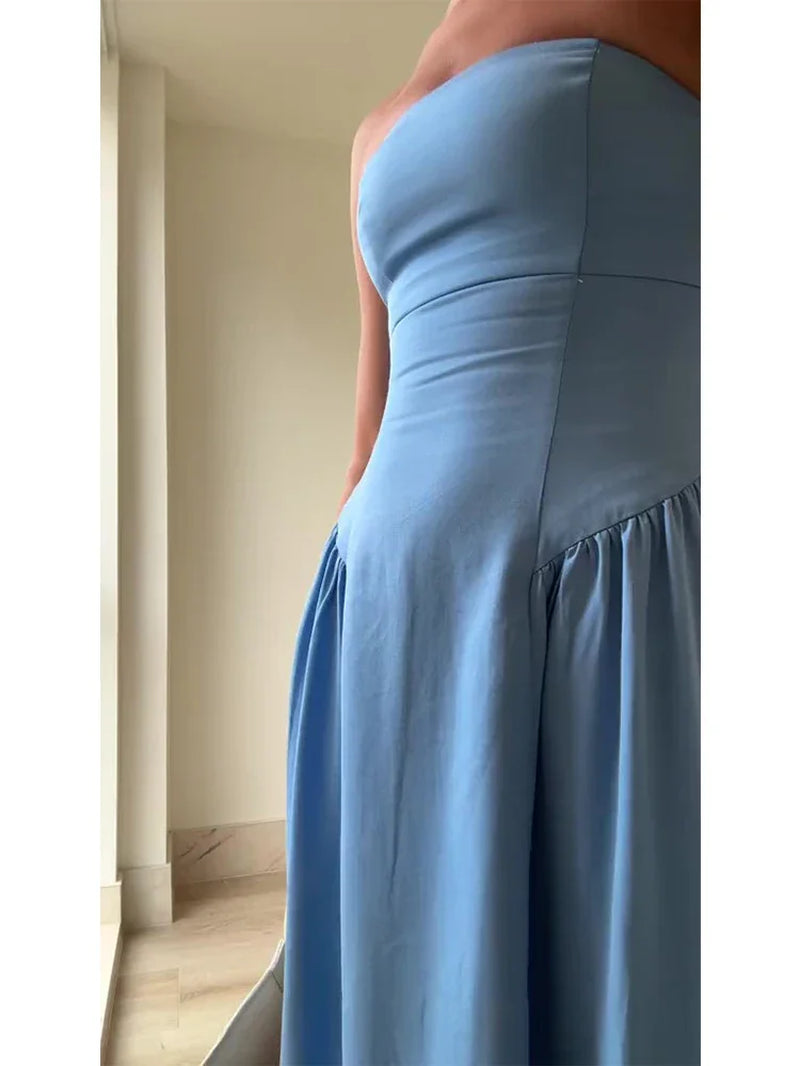 Blue Pleated Hem Strapless Maxi Dress for Formal Events - Image 6
