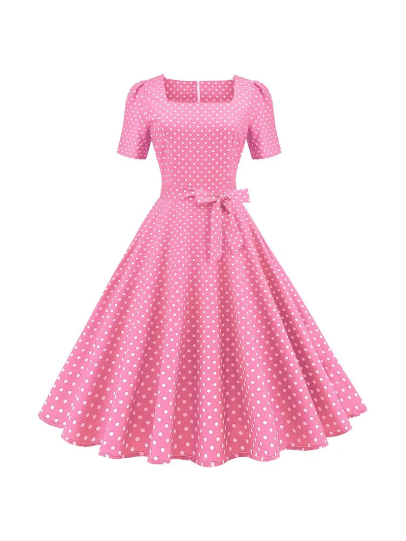 Polka Dot Vintage Dress: Square Collar, Short Sleeve, Elegant - Image 5