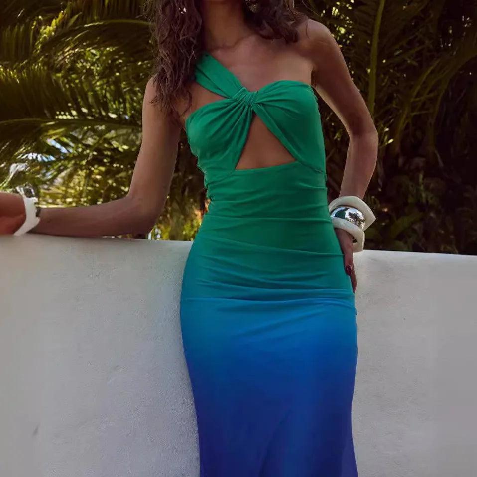 Blue-green gradient halter dress | Slim backless sleeveless hip dress - Image 3
