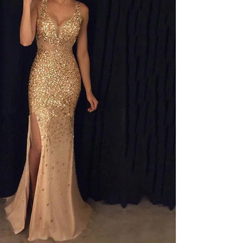 Sexy Deep V Split Evening Dress Gold Silver Sequin Slim Fit - Image 7