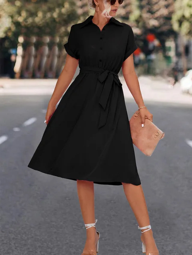 Women's Solid Color Tie-Up Shirt Dress Set, Casual Elegant Outfit - Image 7