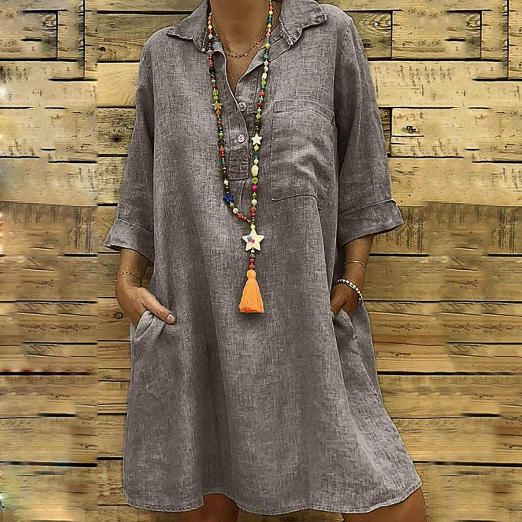 Vintage Loose Denim Shirt Dress with Pockets and V-Neck - Image 5