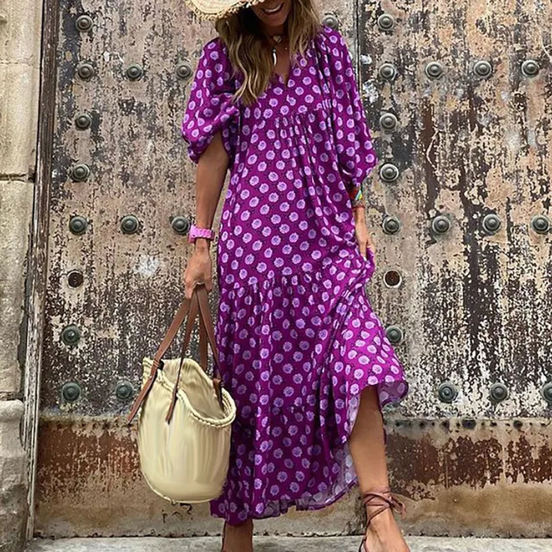 Geometric Printed Bubble Sleeve Long Dress for Women's Fall Style